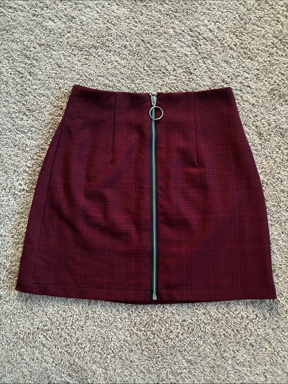 Forever 21 Burgundy Plaid Front-Zip A-Line Mini Skirt